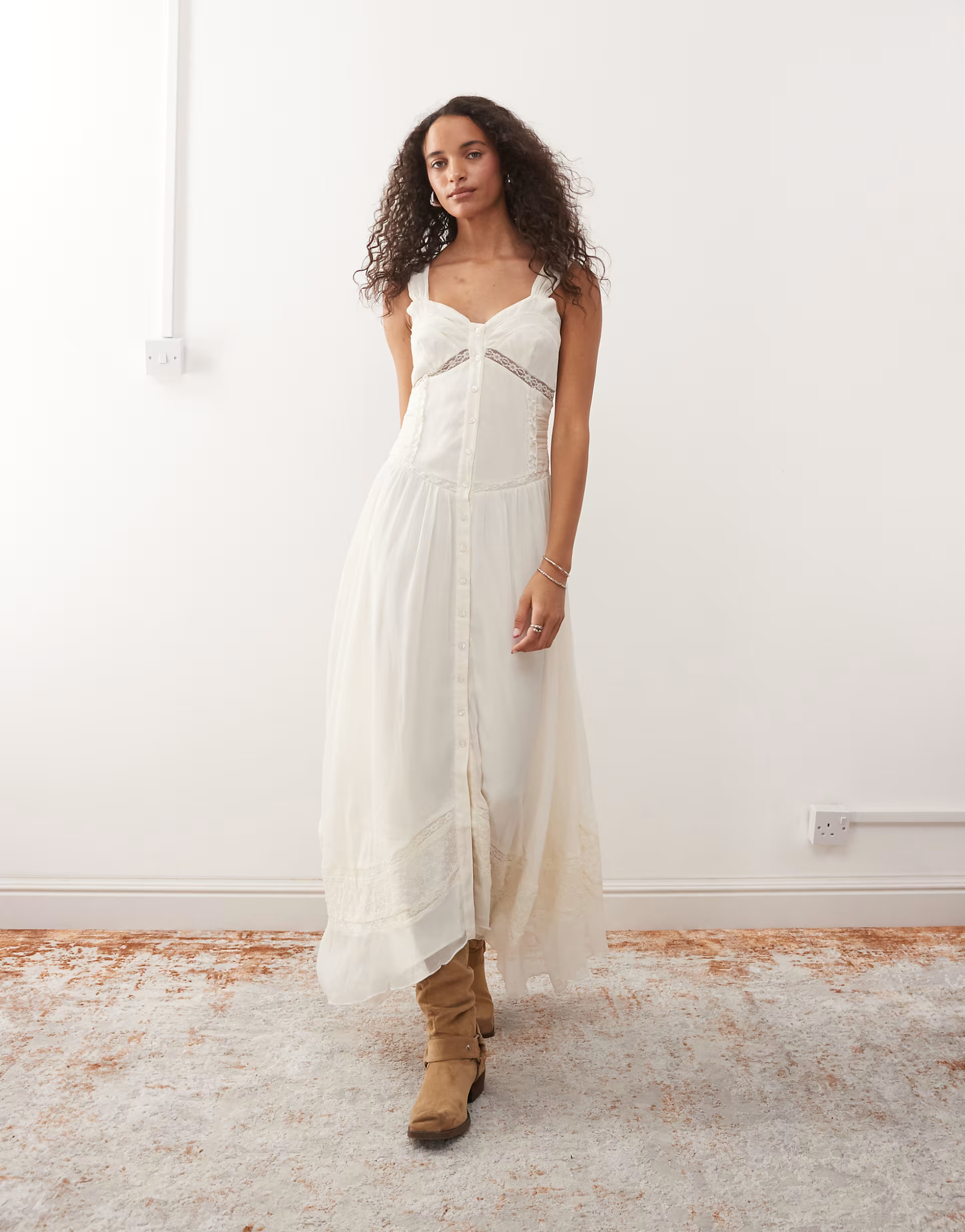 Reclaimed Vintage midi cami dress with lace inserts and button down front in ivory | ASOS (Global)