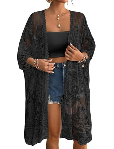 Bsubseach Lace Kimonos for Women 2025 Swim Cover Up Summer Beach Coverup Open Front Sheer Kimono Cardigan Black | Amazon (US)
