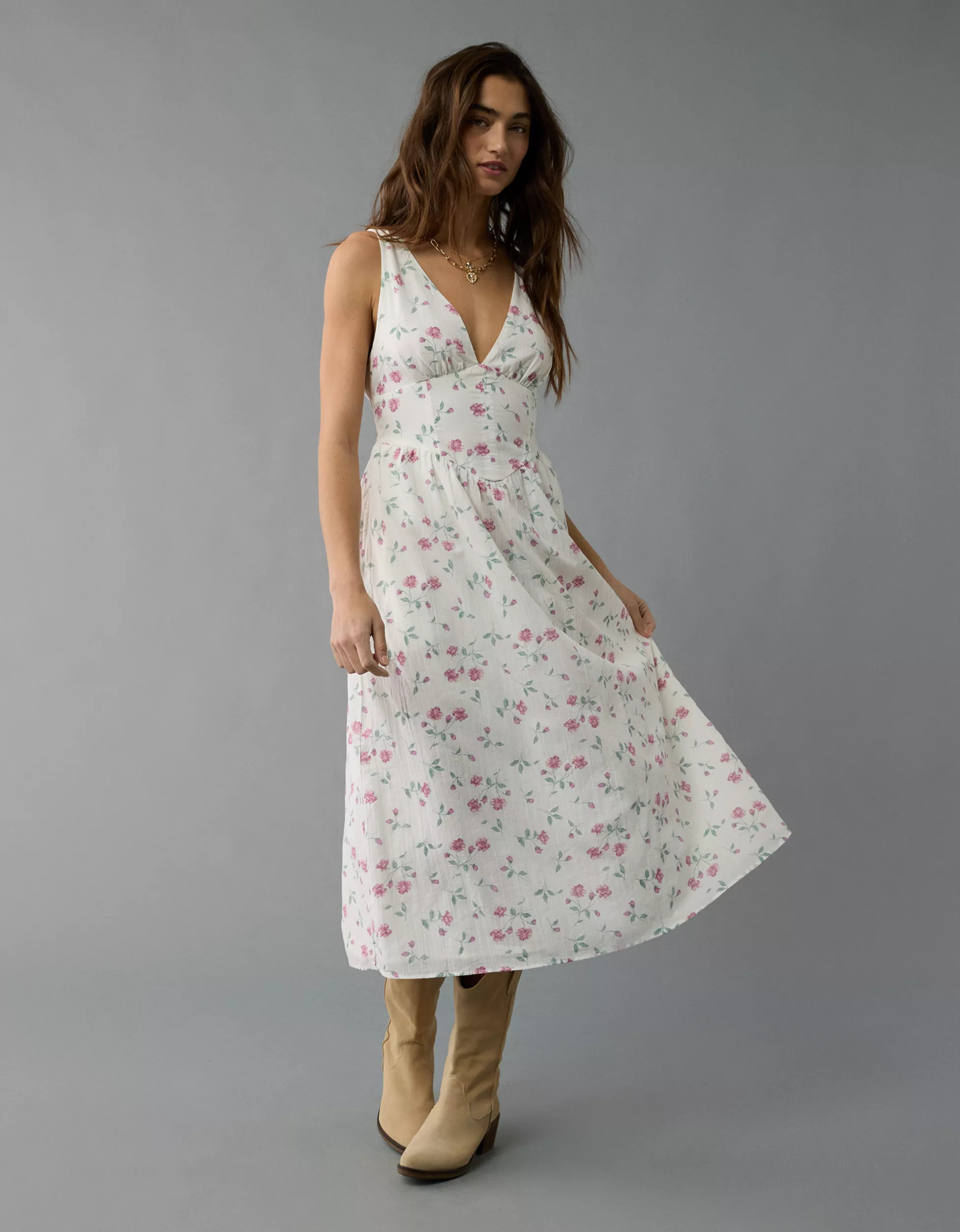 AE V-Neck Corset Midi Dress | American Eagle Outfitters (US & CA)