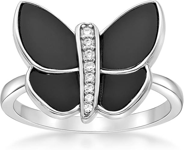 Black Onyx Malachite or Mother of Pearl and Cubic Zirconia Butterfly Ring for Women in 925 Sterli... | Amazon (US)