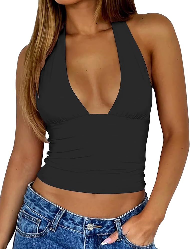 Matunana Womens Halter Tops - Going Out Tank, Summer Sexy V Neck Crop Top, Y2K Sleeveless Tube Sh... | Amazon (US)