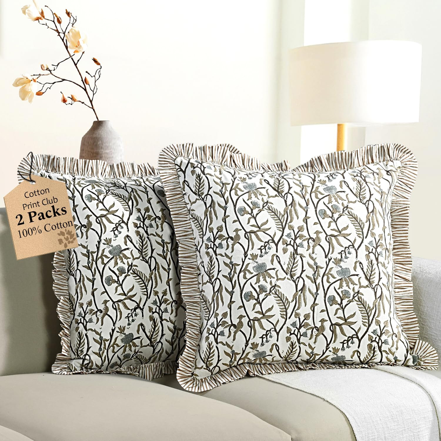 CPC Cocoa Vine Hand Block Print 100% Cotton Ruffle Throw Pillow Cover 20x20 inch with Hidden Zipp... | Amazon (US)