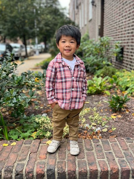 Toddler boy outfit
Fall outfit for toddler boy
Boy clothes
Pink plaid shirt
Toddler boy pants
Toddler boy flannel
Family photos
