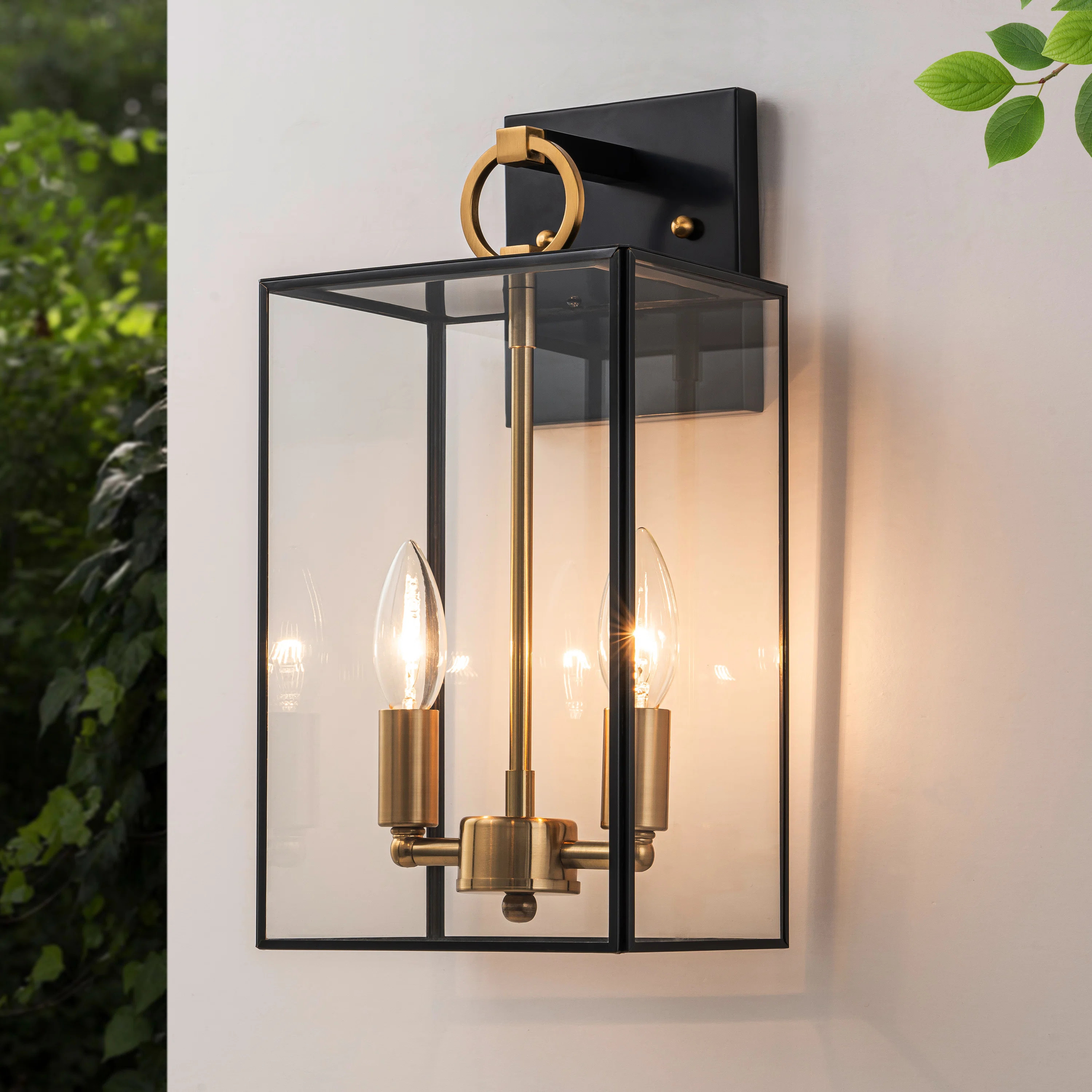 2-light Black+brass Outdoor Wall Lantern With E12 Base Socket And Clear Tempered Glass Shade | Wayfair North America