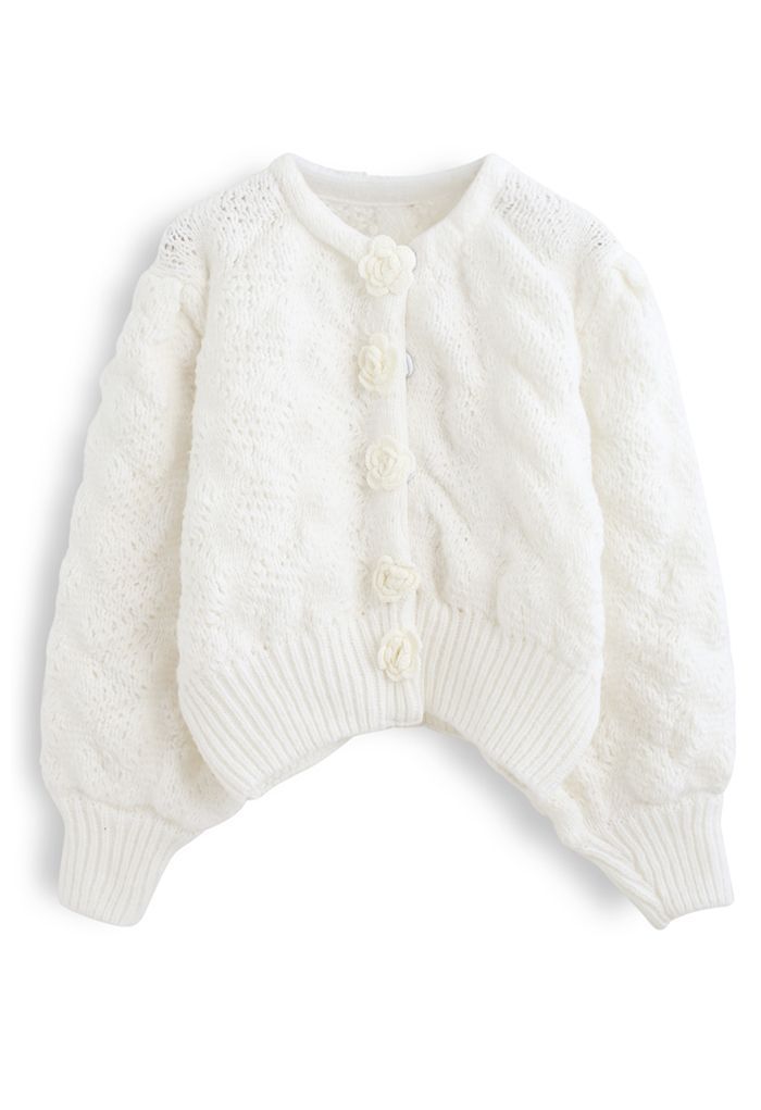 Flowers Button Down Embossed Bubble Sleeves Cardigan in White | Chicwish