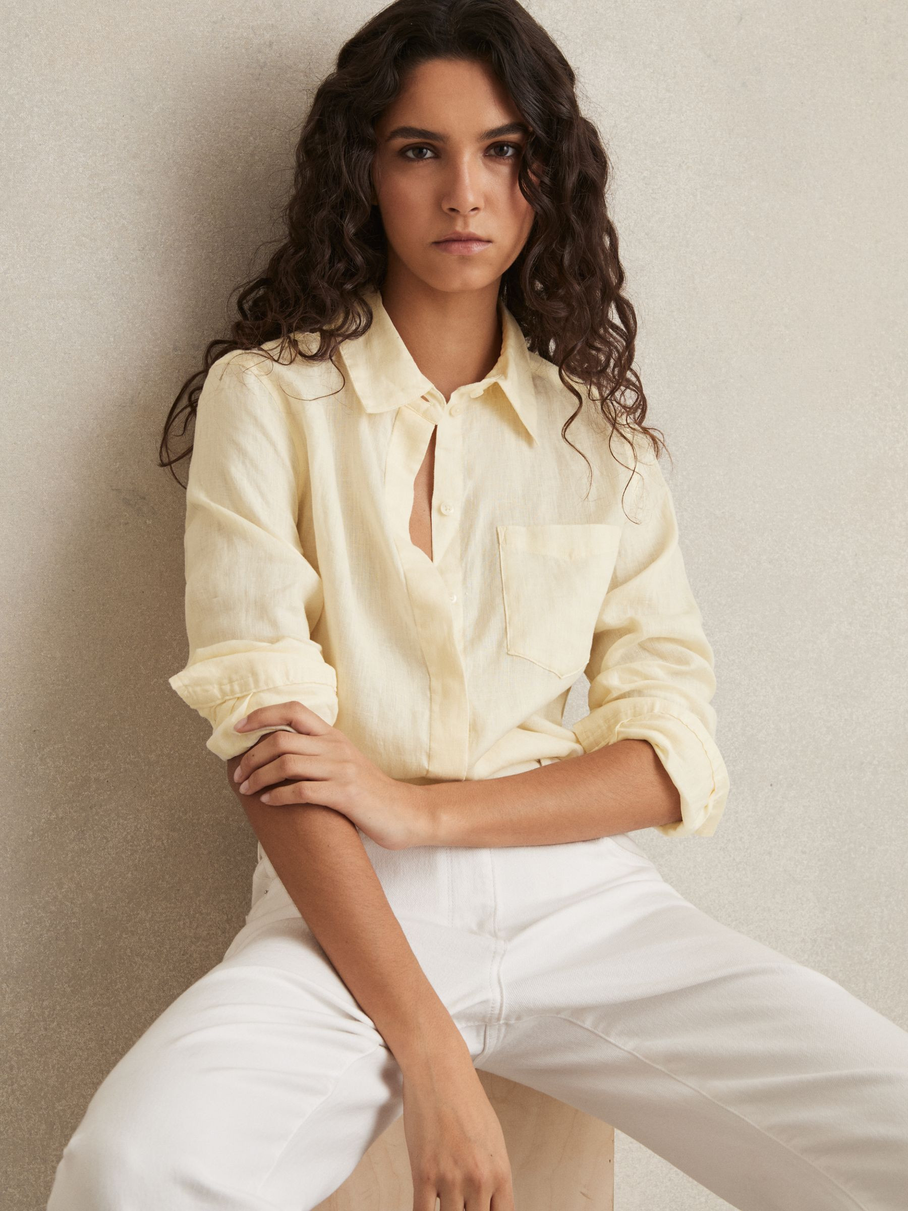 Linen Button-Through Shirt in Pale Yellow | Reiss US