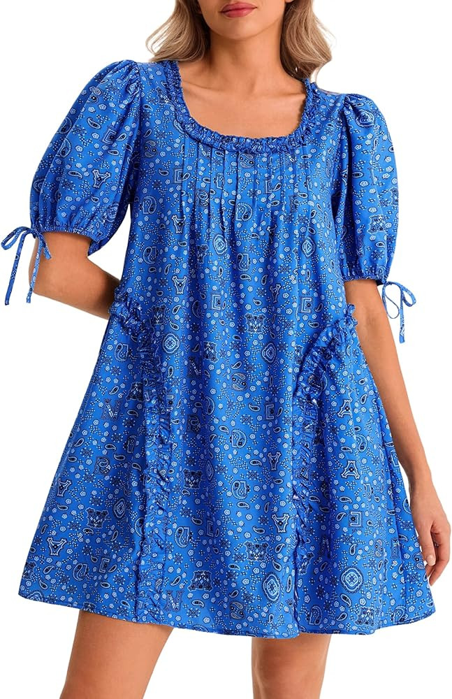 Wenrine Womens Babydoll Mini Dresses Casual Polka Dot Short Sleeve Square Neck Oversized Cute Sum... | Amazon (US)