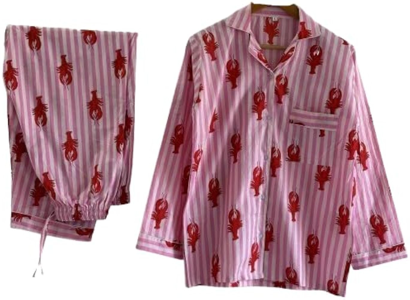 Indian Cotton Striped Lobster Print Night Suit Womens Full Sleeve Pajama Set Soft Breathable Slee... | Amazon (US)