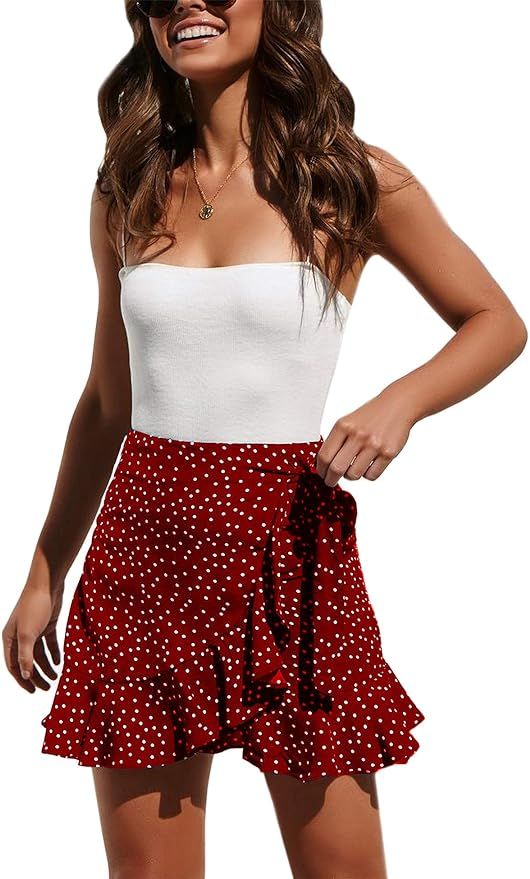 Bonkwa Women's Casual Irregular Ruffle Hem Waist Tie Wrap Mini Skirt Polka Dot Print Short Skirts | Amazon (US)