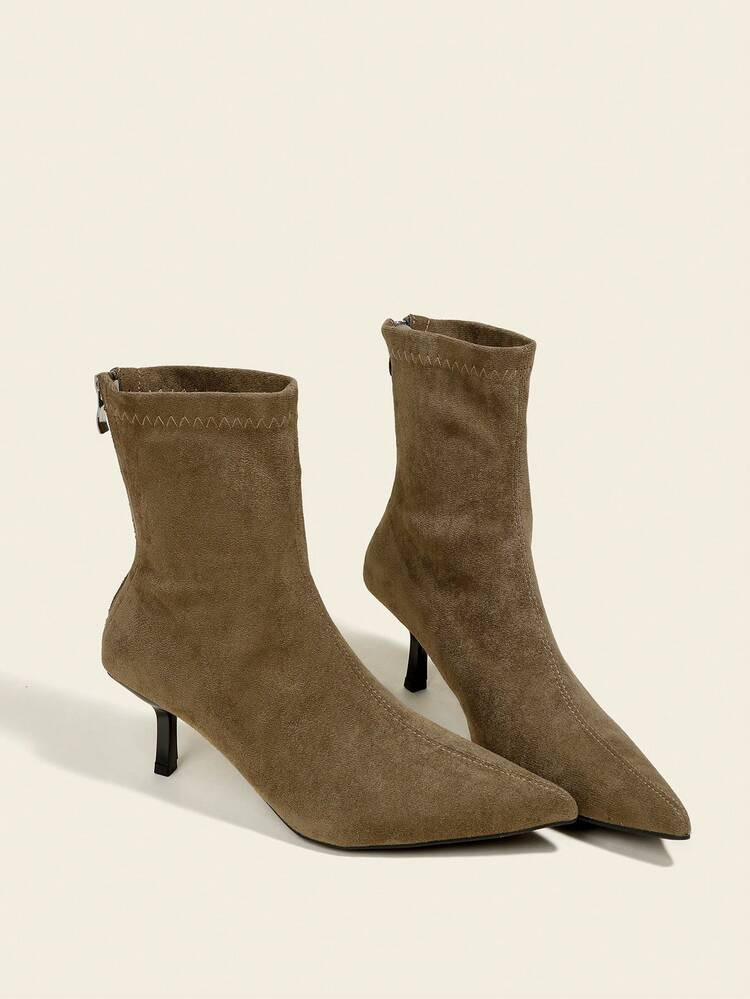 7 Cm Hohe Absatz Khaki Ankle Stiefel & Stiefeletten Für Herbst/Winter, Bequeme & Modische Spitzschuh Slim Fit Elastik Stiefel Für Damen, Kitten Heels | SHEIN