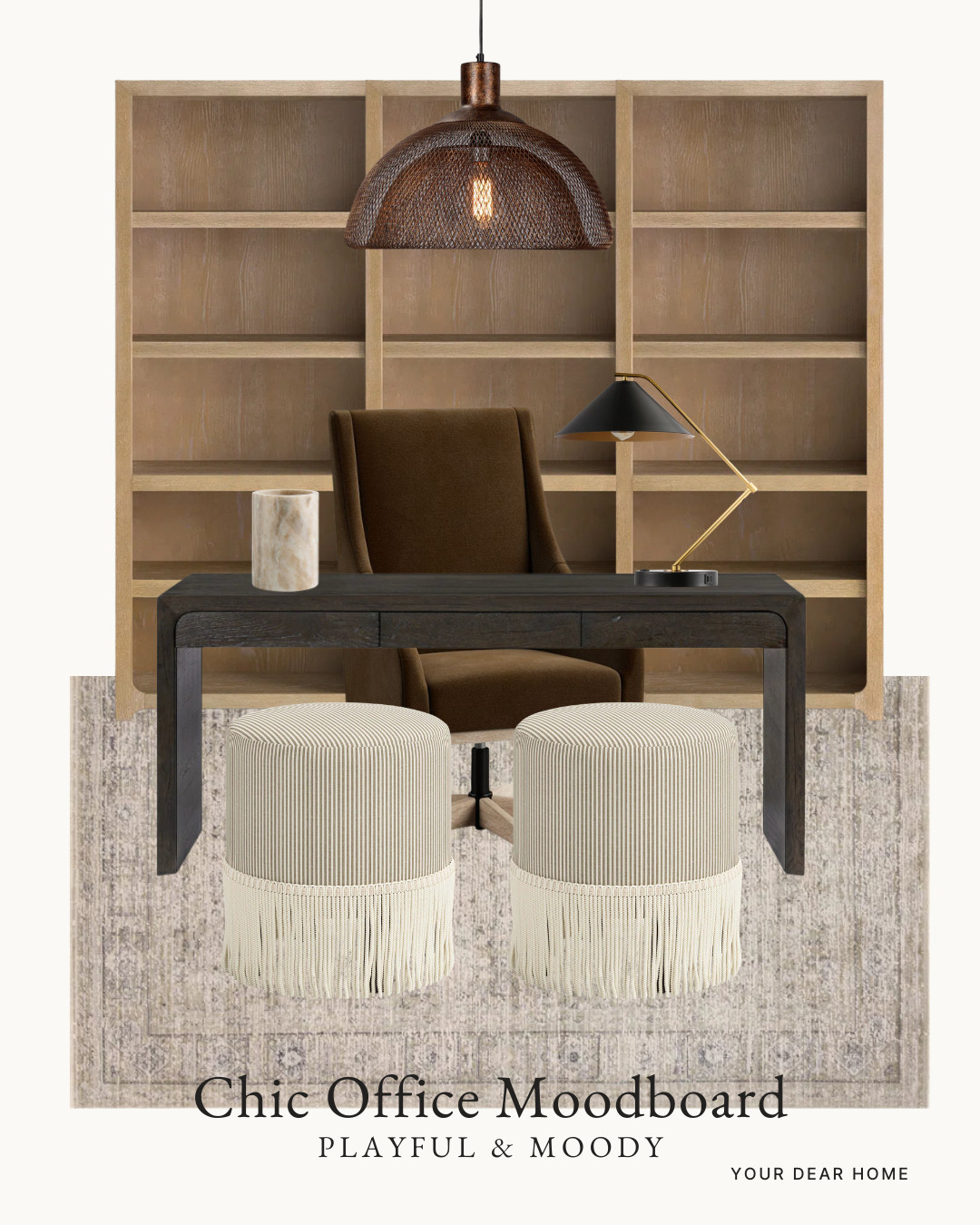 This office is proof that moody spaces can still feel playful and inviting. The darker woods, layered textures and dramatic lighting make it feel rich and designer curated, while the fringe ottomans keep it from taking itself too seriously. Such a fun balance between chic and cozy ✨ 

 #LTKHome