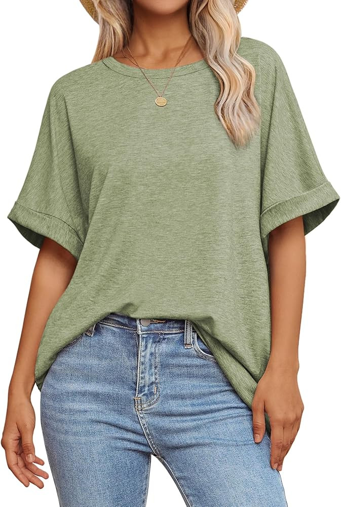 ATHMILE Womens Oversized T Shirts Loose Fit Crewneck Short Sleeve Summer Casual Blouse 2025 Y2K T... | Amazon (US)