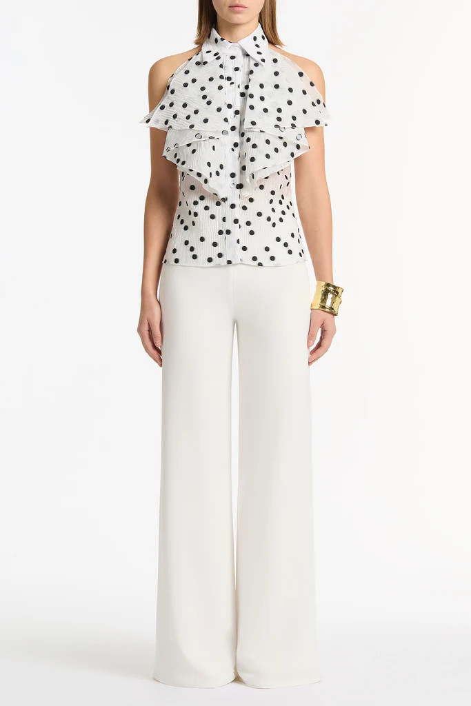 WHITE AND BLACK SPOT JACQUARD SLEEVELESS RUFFLE BLOUSE | Carla Zampatti