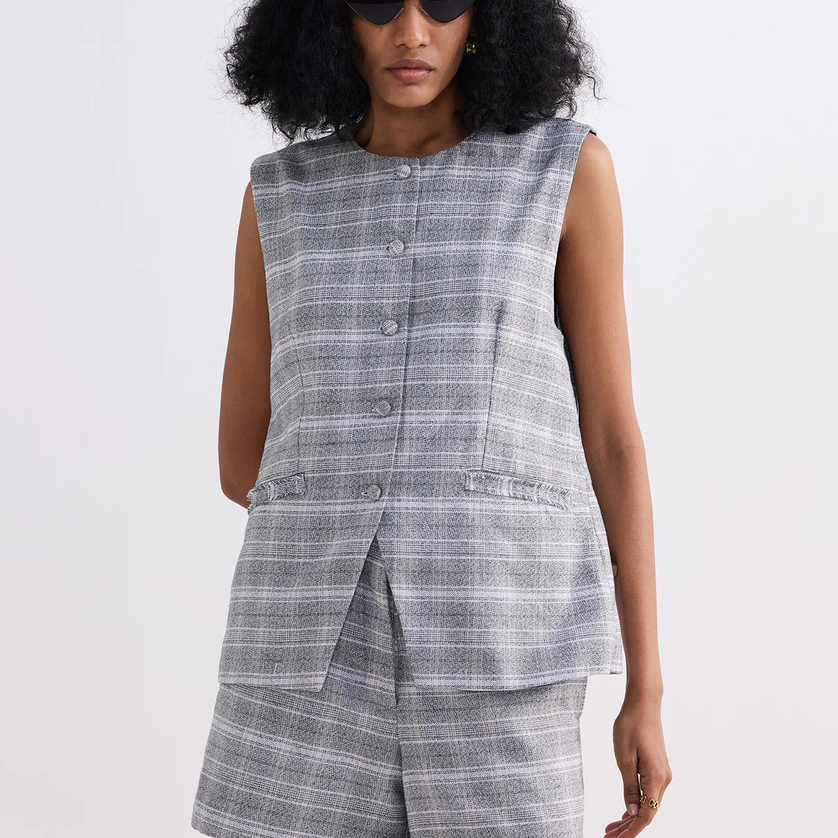 Cotton Tweed Vest Jacket Set in Grey | Reistor