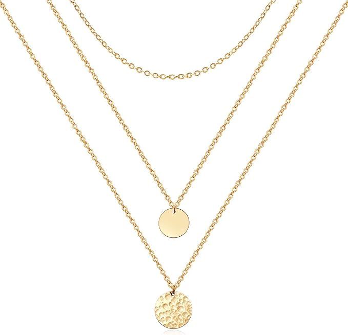 Layered Necklace Dainty Disc Chokers Necklace 14K Real Gold Plated Necklace for Women | Amazon (US)