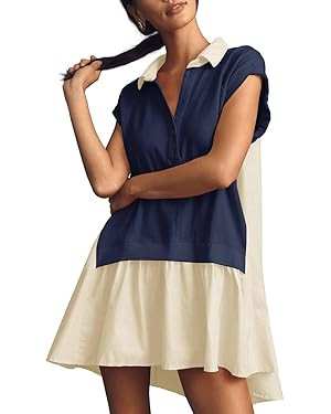 Women Summer Sweatshirt Dresses Collared V Neck Short Sleeve Loose Fitted Patchwork Mini Dress Tr... | Amazon (US)