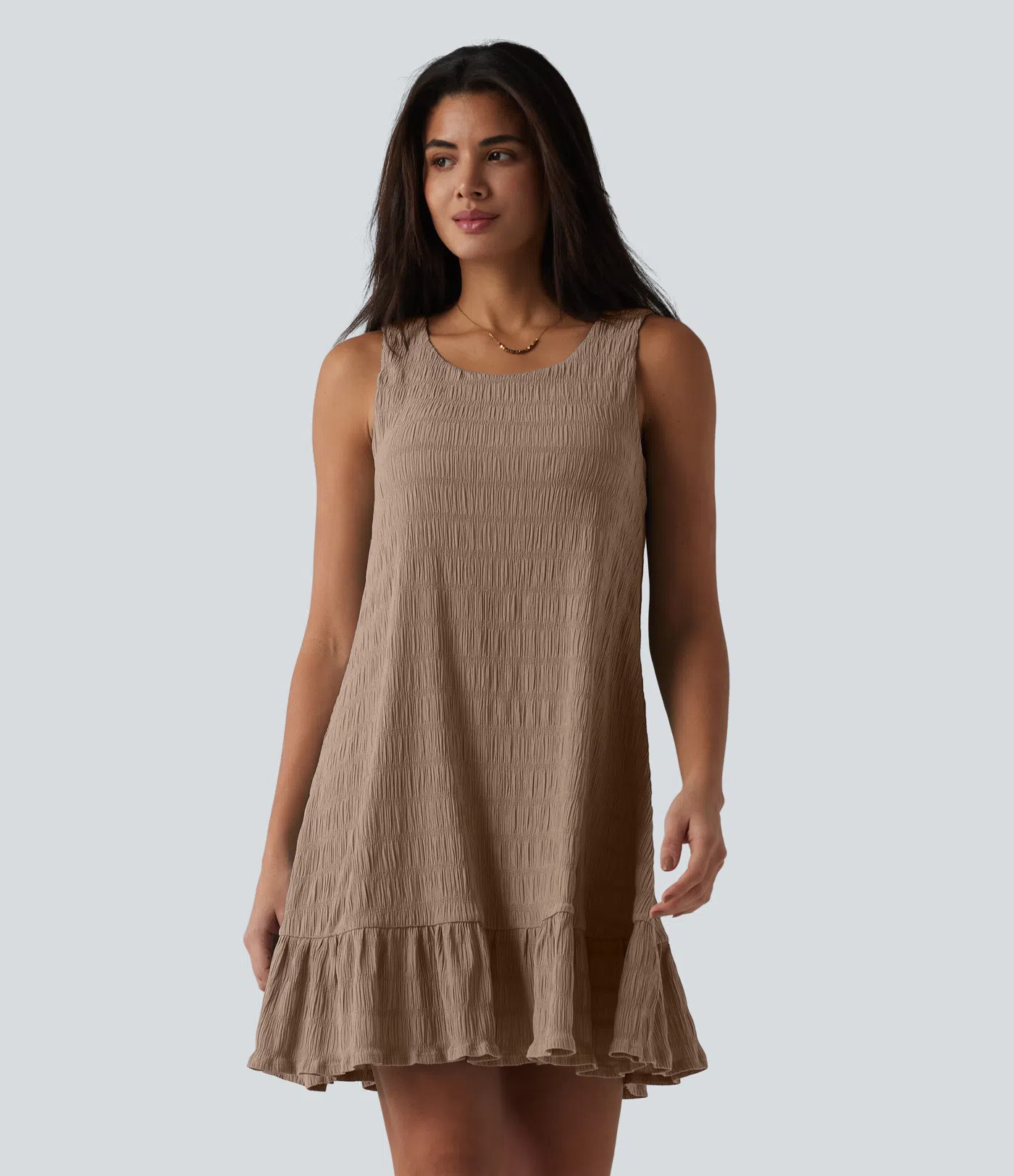 Round Neck Built-in Bra Sleeveless Ruffle Hem Mini Casual Dress | HALARA