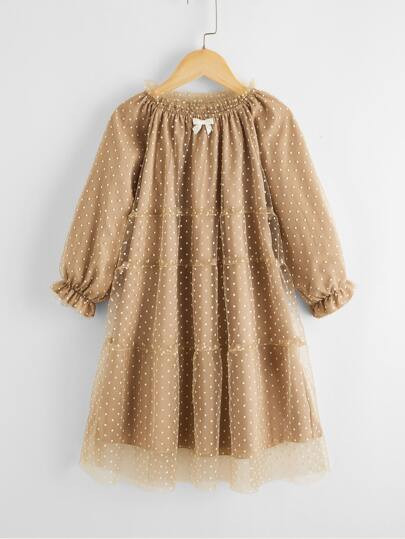 Toddler Girls Mesh Overlay Frill Trim Ruffle Neck Dress | SHEIN