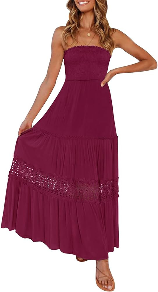 ZESICA Women's 2026 Summer Boho Maxi Dresses Strapless Off Shoulder Lace Flowy A Line Beach Vacat... | Amazon (US)