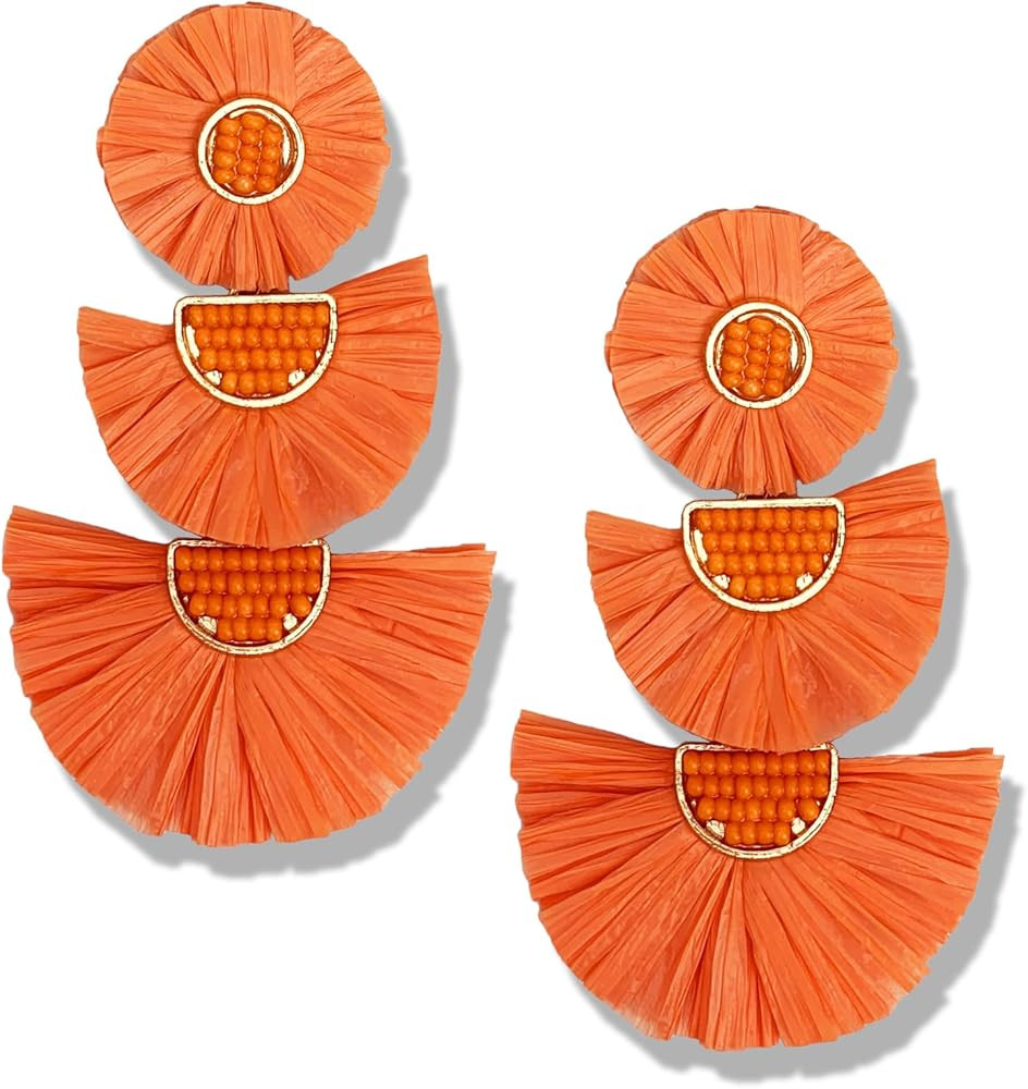 Statement Earrings Beaded Raffia Palm Bohemian Drop Dangle Earrings for women | Amazon (US)