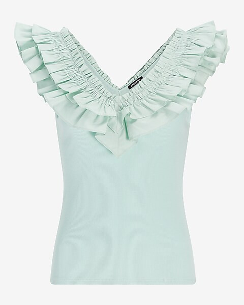 Ribbed Poplin Ruffle V-Neck Tank | Express