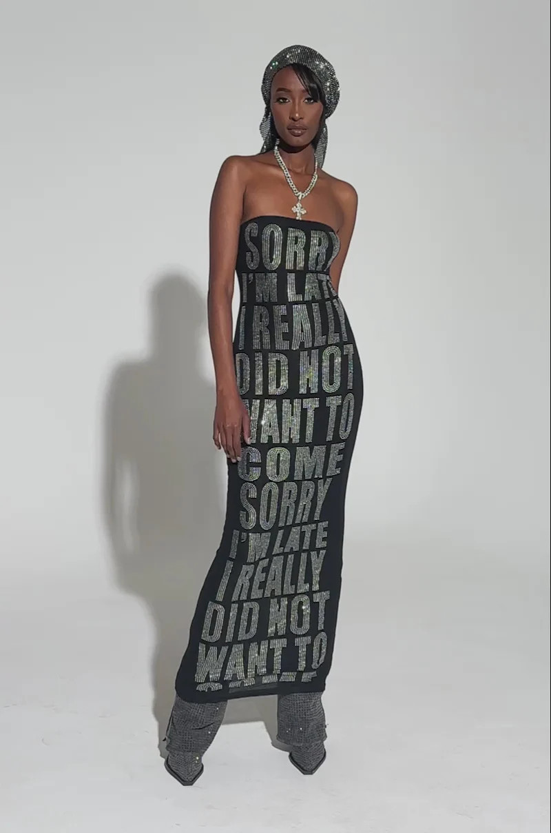 I'M LATE RHINESTONE GRAPHIC MIDI DRESS | AKIRA
