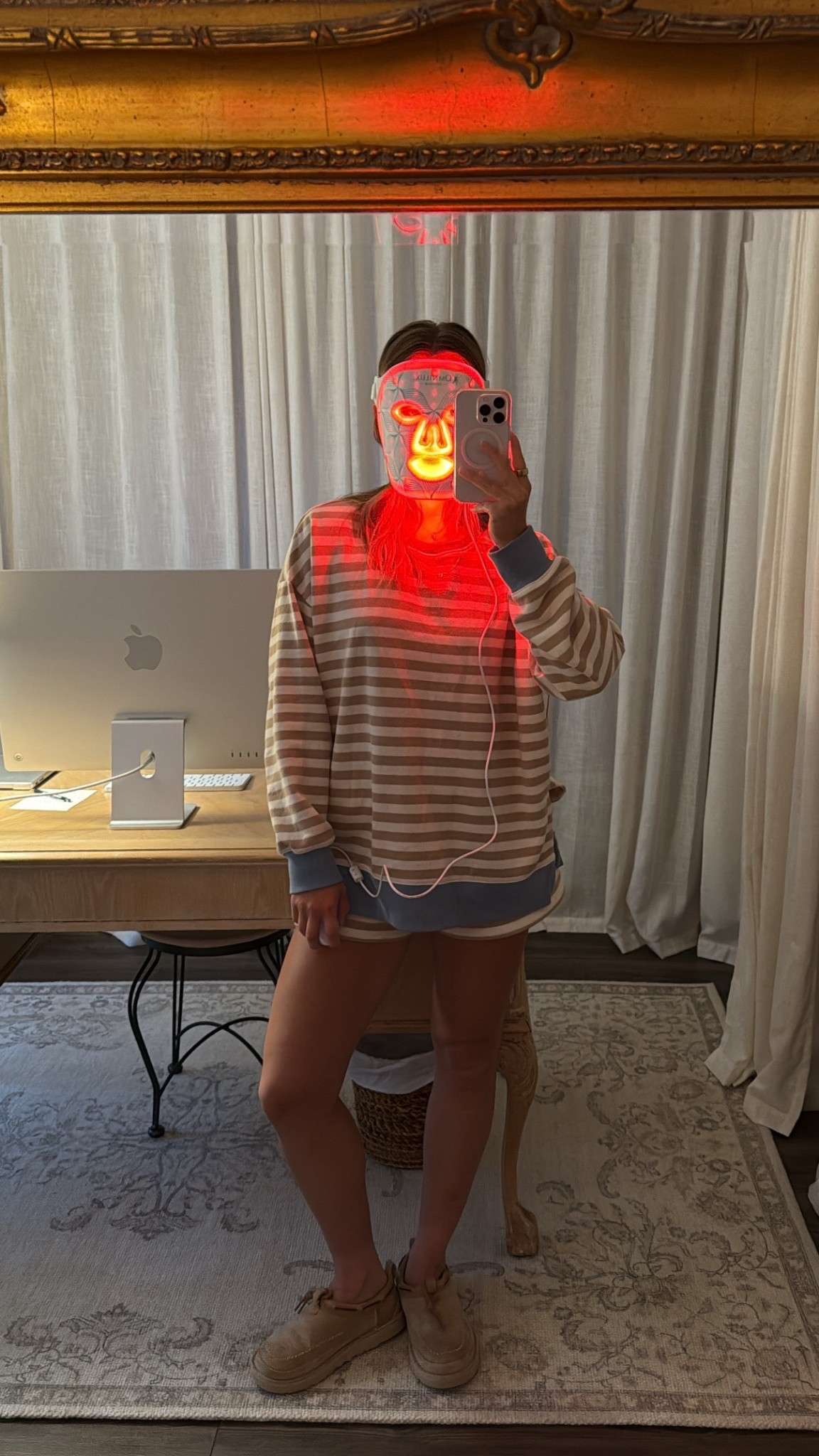 8/16/25 Soft + slow morning 🤍 Wearing my Z Supply striped lounge short set with the matching long sleeve top — the comfiest little set for cozy mornings at home. Also linking my Omnilux LED red light mask that’s become a staple in my routine ✨