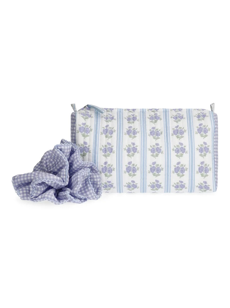 No Boundaries Women's Quilted Pouch and Hair Scrunchie Set, 2-Piece, Sky and Lilac Sea Floral/Gin... | Walmart (US)