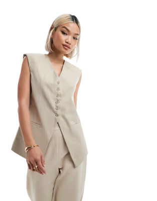ASOS DESIGN longline exaggerated shoulder waistcoat in stone | ASOS | ASOS (Global)