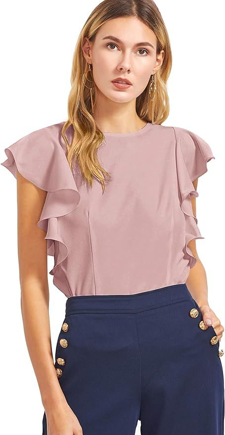 MakeMeChic Women's Ruffle Sleeve Round Neck Solid Elegant Pullover Blouse Tops | Amazon (US)