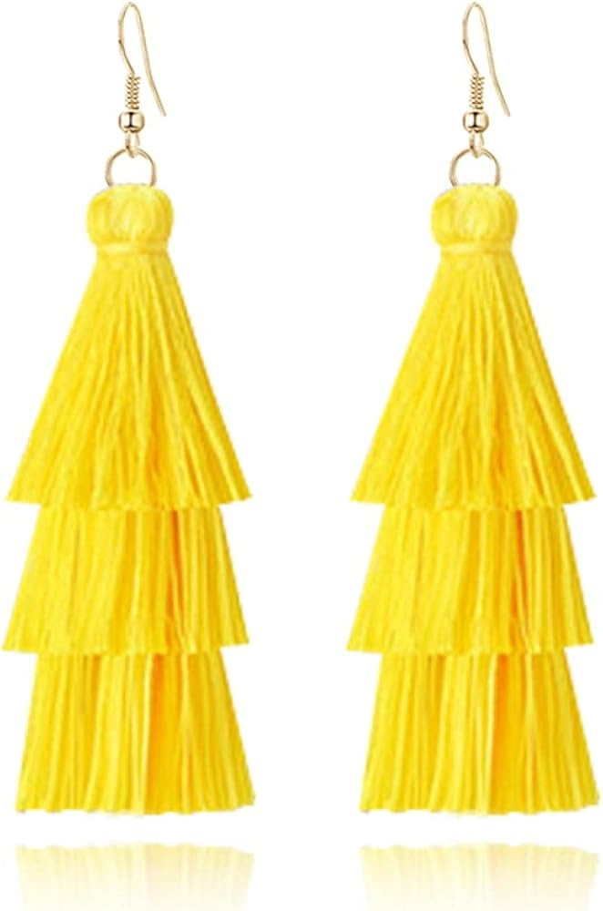 3 Tier Layered Colorful Tassel Earrings Bohemian Big Dangle Drop Fashion Jewelry Earrings for Wom... | Amazon (US)