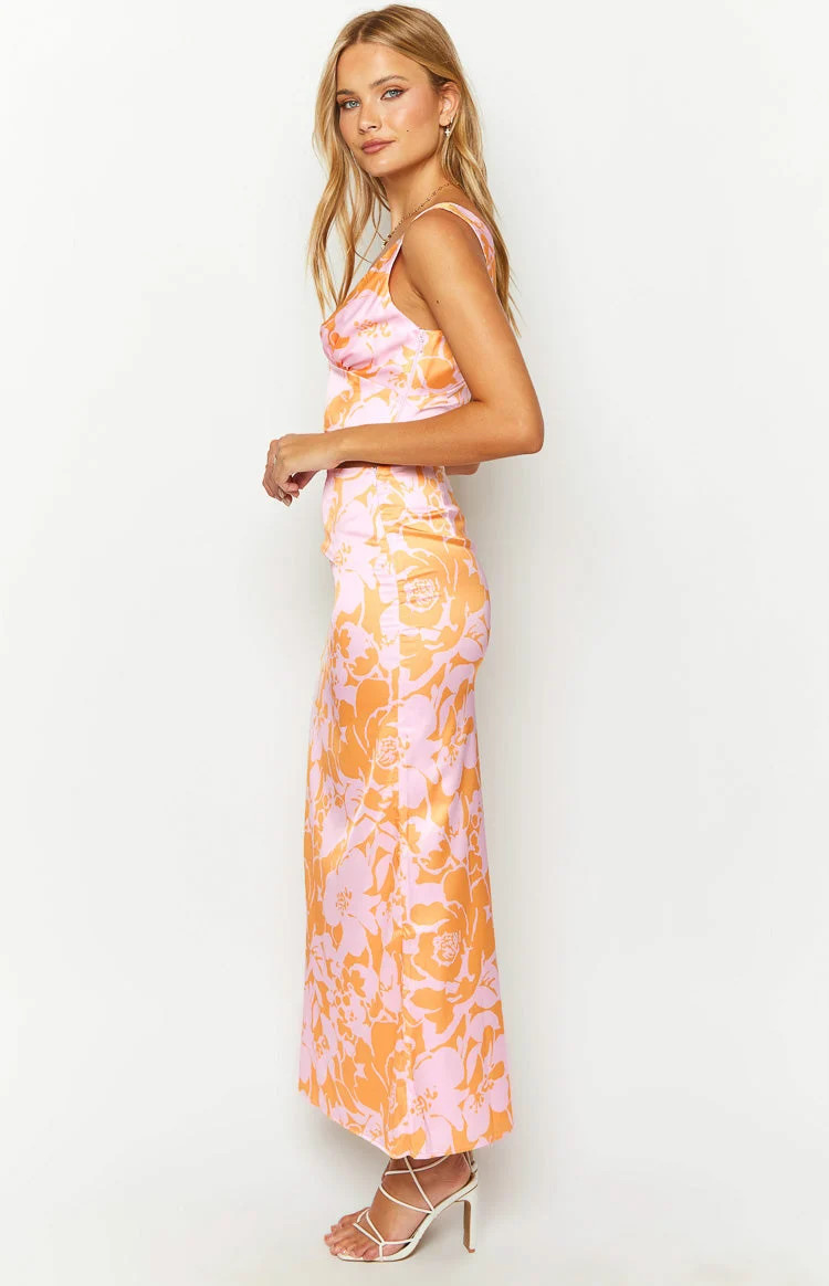Dahlia Orange And Pink Floral Print Maxi Skirt | Beginning Boutique (US)