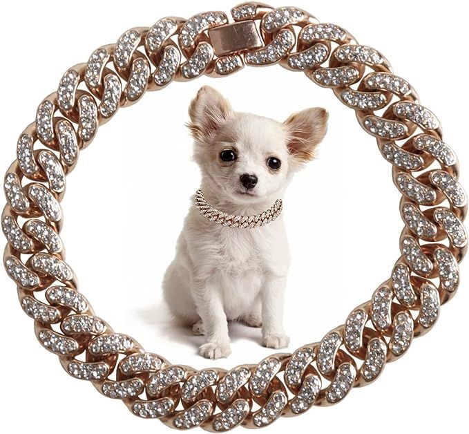 SOGAYU Rose Gold Chain Metal Dog Collar 10mm Wide Cuban Diamond Alloy Necklace Cute Fashion Pet P... | Amazon (US)