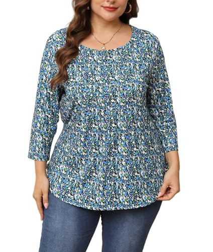 KLPOHV Women Plus Size Tops Floral Printed Pleated Swing Blouses 3 4 sleeve Loose Fit Flowy Tunic Blue 5xl | Amazon (US)