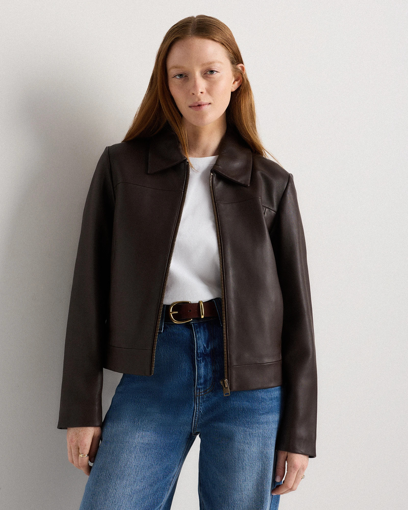 Quince | Women's Cropped Zip-Front Jacket in Black, Size XS, Leather | Quince