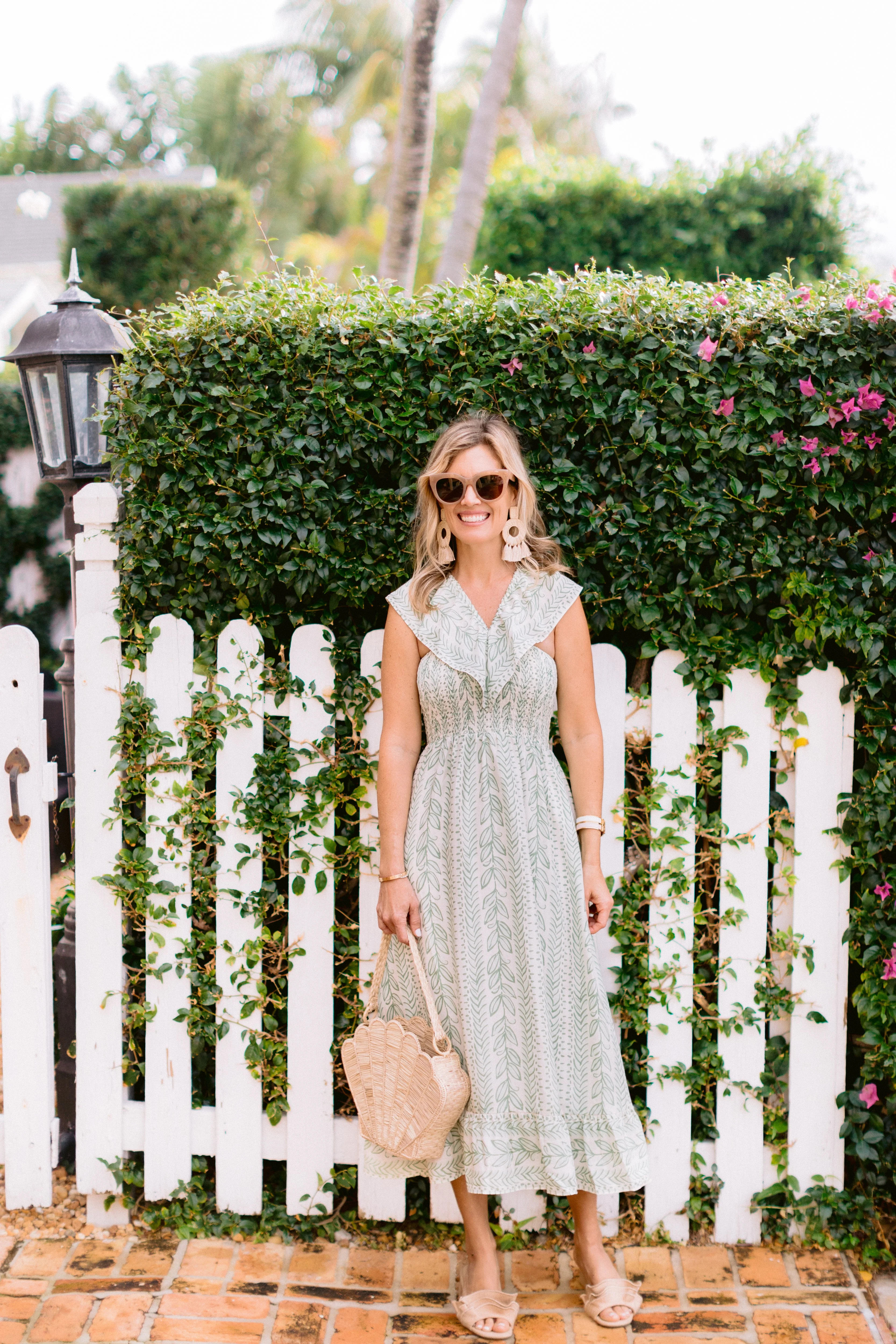 Pistachio Leaf Print V-Neck Smocked Midi Dress | Sail to Sable