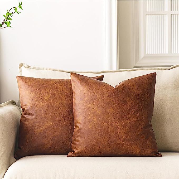 GEGELICA 26x26 inch Faux Leather Throw Pillow Covers, Set of 2 Brown Large Thick Solid Farmhouse ... | Amazon (US)