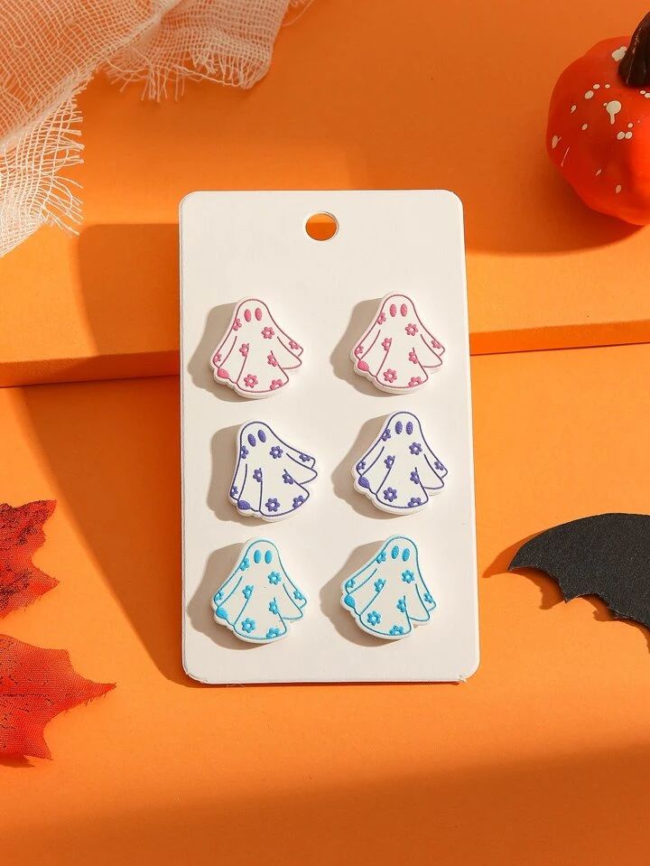 3pairs/set Multicolor Snowflake & Ghost Shaped Acrylic Cute Girls Party Personality Stud Earrings | SHEIN