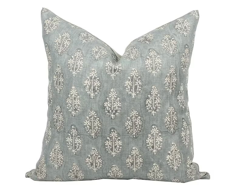 ARDEN  Designer Blue Grey Linen Pillow Cover Block Print - Etsy | Etsy (US)