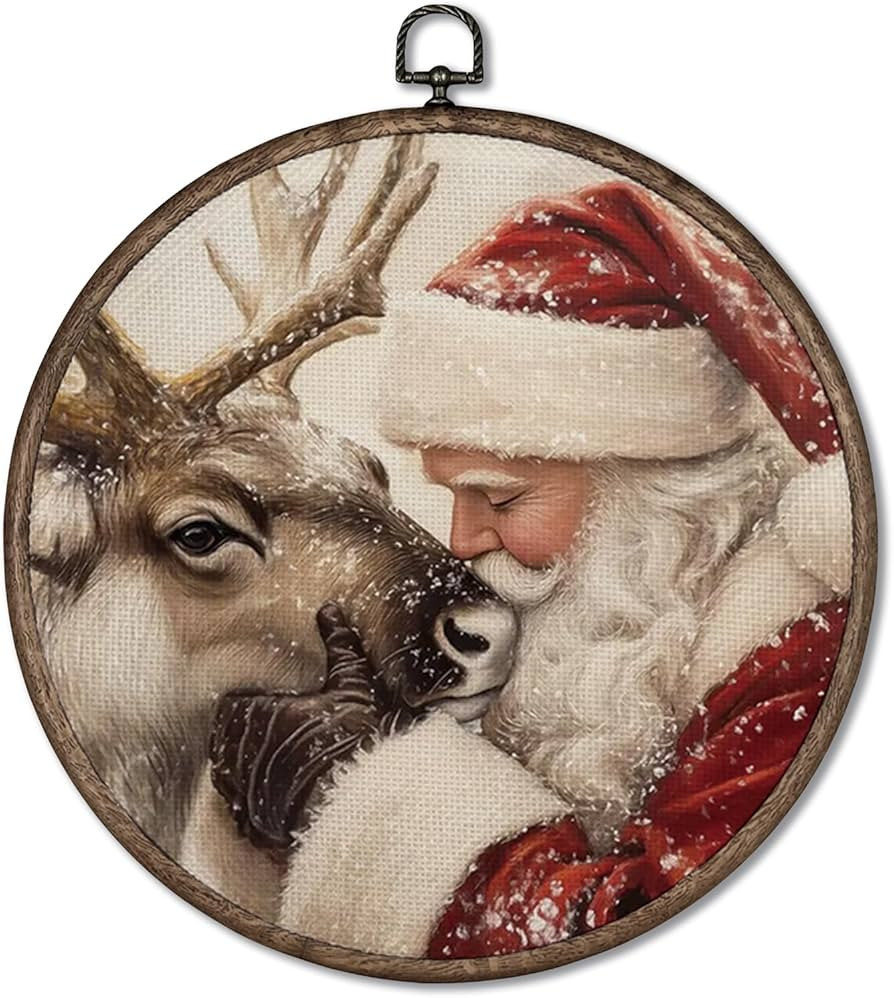 Giosve Winter Christmas Santa Reindeer Round Wall Art Canvas Framed Poster, Vintage Rustic Christ... | Amazon (US)