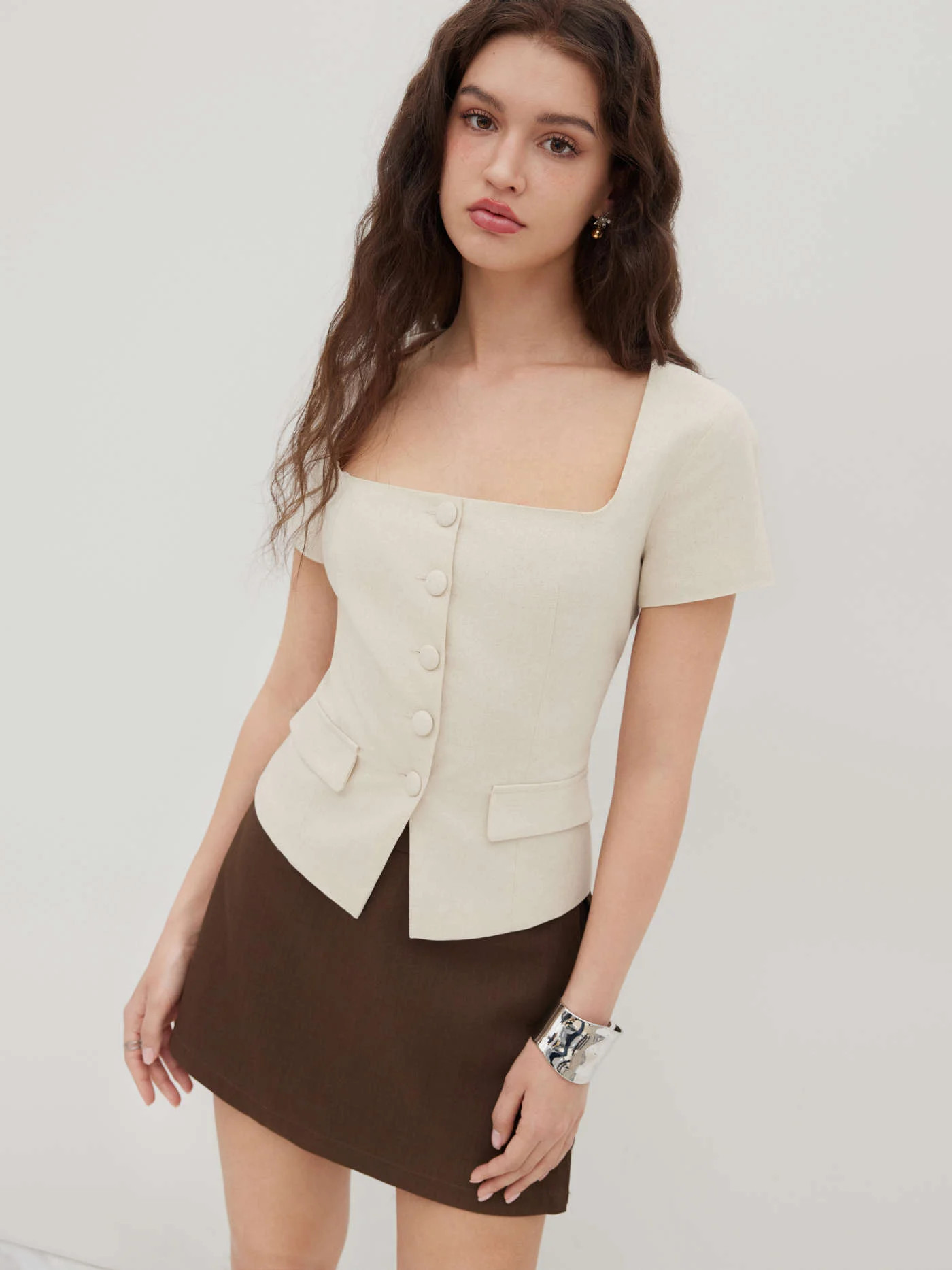 Woven Linen-blend Button Split Short Sleeve Top For Work | Cider