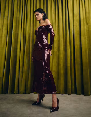 Bardot Emmeline sequin midi dress in wine | ASOS (Global)