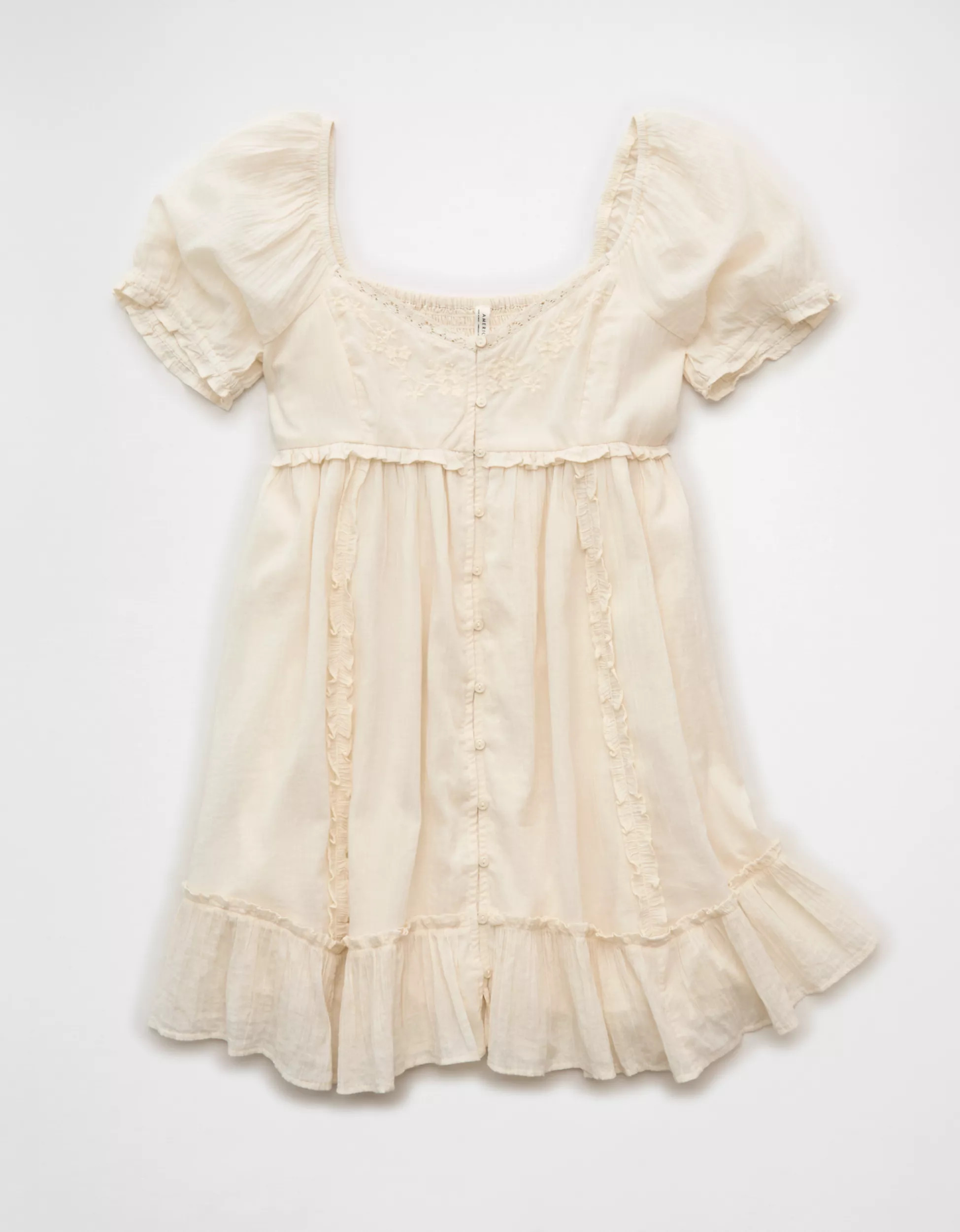AE Babydoll Puff-Sleeve Embroidered Mini Dress | American Eagle Outfitters (US & CA)