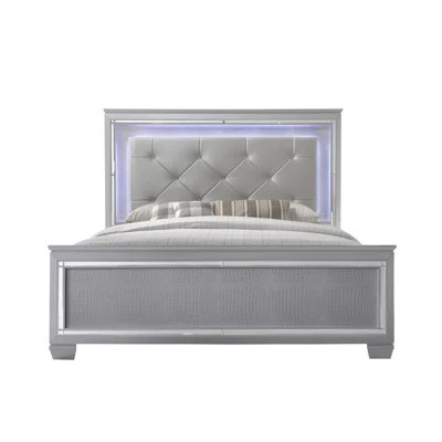 1Pc Modern LED Faux Leather Upholstery Panel Bed Beveled Mirror Accents Textured Footboard Silver Beige Finish | Wayfair North America