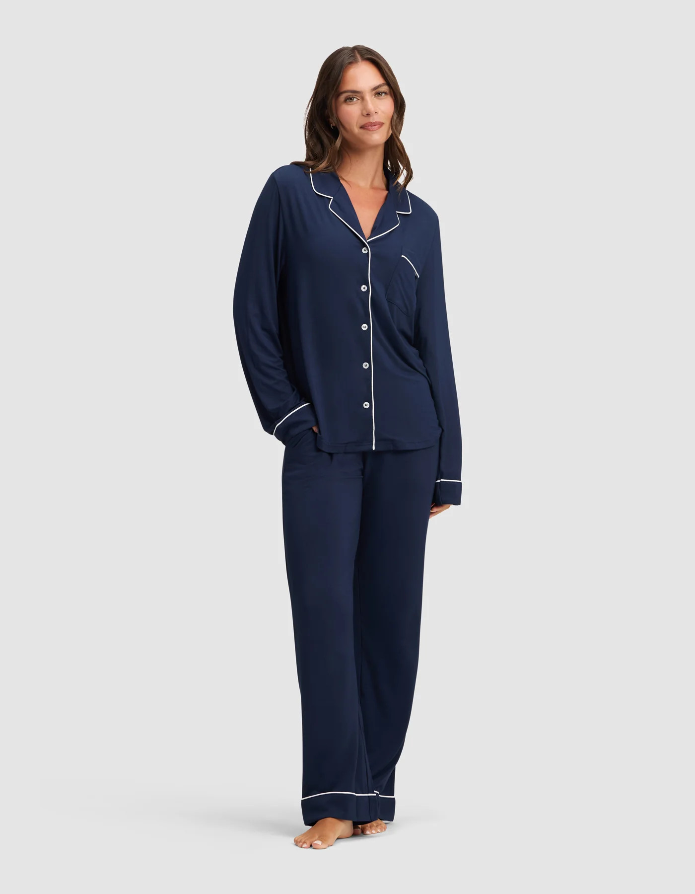 Women's Bamboo Viscose Stretch-Knit Long Sleeve Shirt Pajama Set TALL in Navy (Size: Small) - Cozy Earth | Cozy Earth