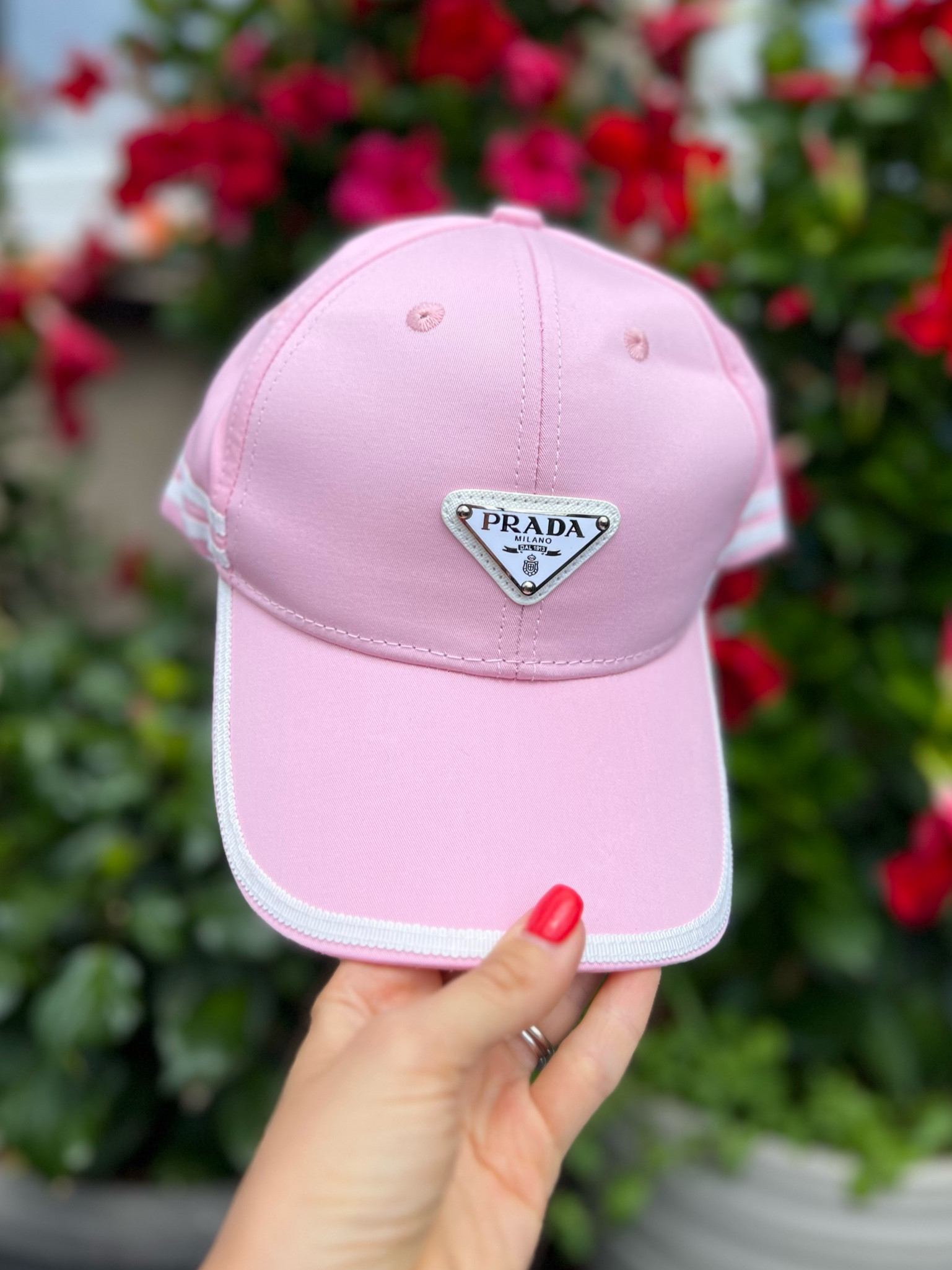 ??Prada Light Pink Floral Print Baseball Cap with Triangle Logo Plate Prada Unisex Grey Denim Baseball Cap with White Triangle  main image 3