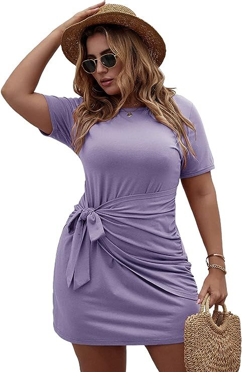 Romwe Women's Plus Size Short Sleeve Tie Knot Front Solid Summer T Shirt Dress | Amazon (US)