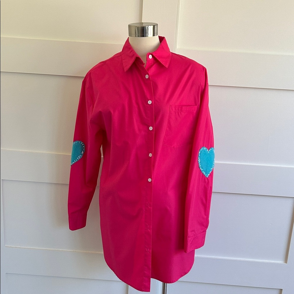 ROMI BASHA- oversized fuchsia pink tunic/button down top. Aqua hearts | Poshmark