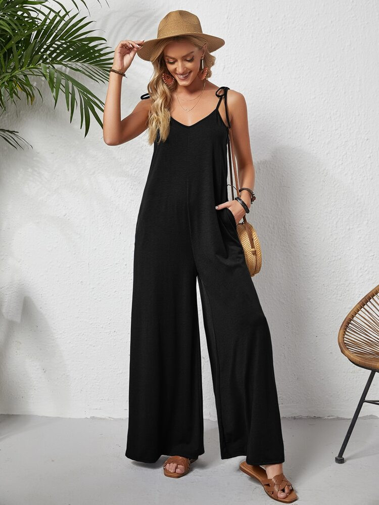 EMERY ROSE Tie Shoulder Hidden Pocket Wide Leg Cami Jumpsuit | SHEIN
