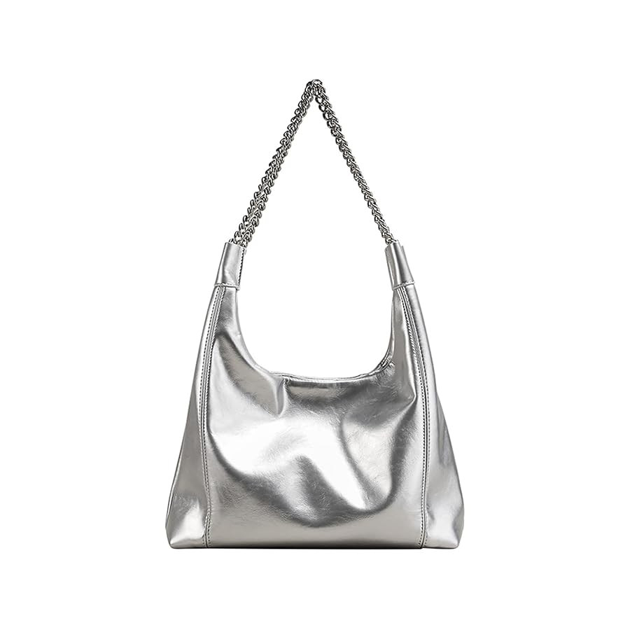 Ladies Silver PU Leather Tote Bags Leather Bucket Hobo Bags Metallic Shoulder Bags Large Fashion ... | Amazon (US)